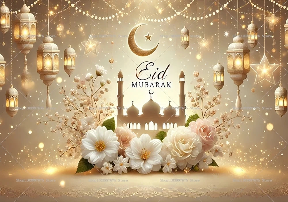 2D Ramadan Golden Crescent Moon Backdrops Eid Mubarak Party Decor Photography Background Banner Studio Photo Booth Props