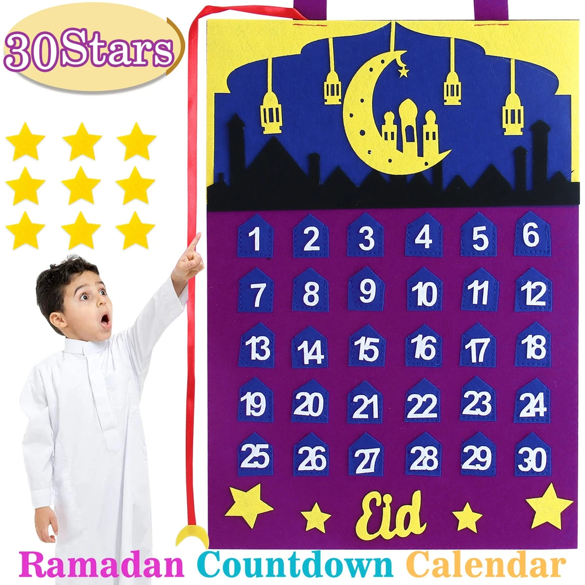 Ramadan Advent Calendar With 30 Reusable Star 30 Days Felt Wall Ramadan Calendar For Kids Eid Mubarak Countdown Calendar 2025