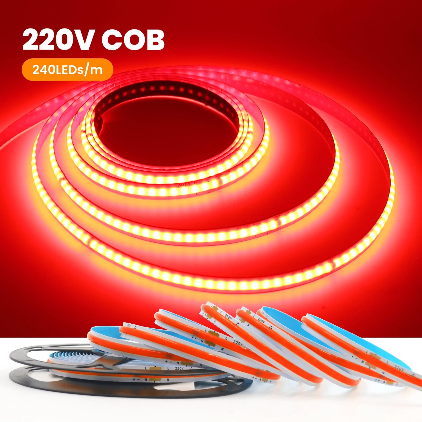 AC 220V COB Strip 240Leds/M 5M 10M 20M 50M/Roll Red/Green/Ice Blue/Pink/White/Purple Flexible Ribbon LED Light For Home Decor