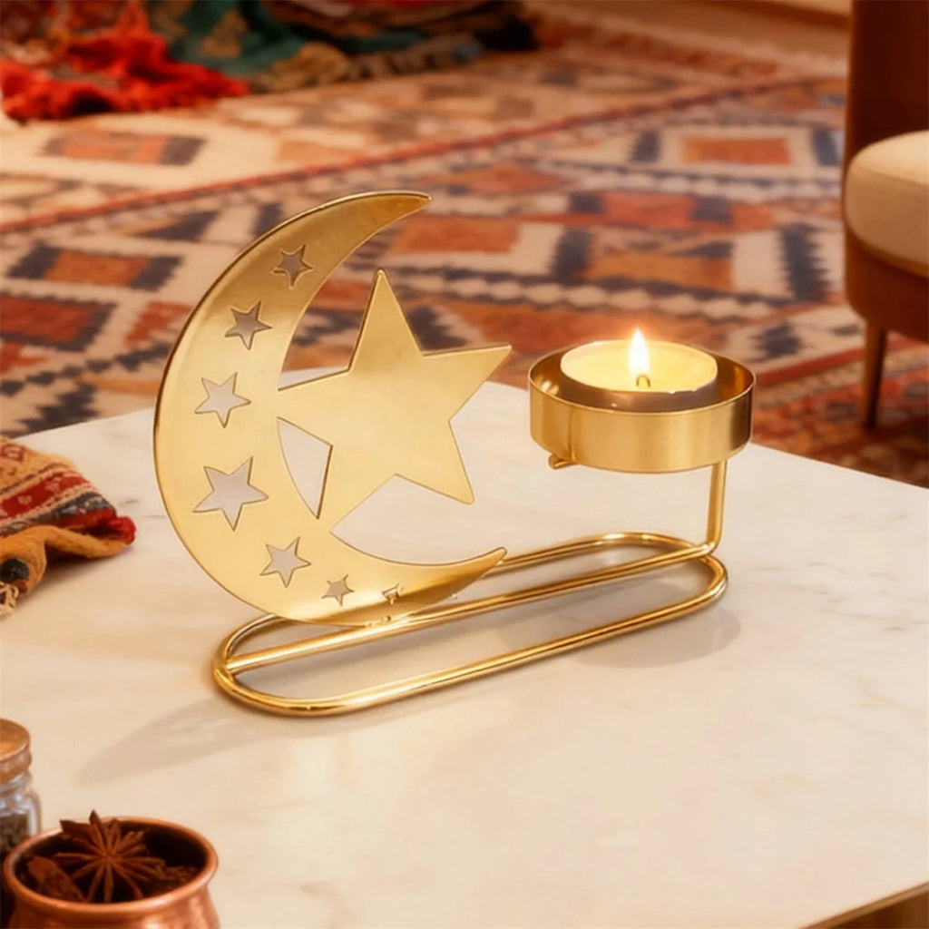 Elegant Ramadan Crescent Moon Candle Holders Set with Eid Mubarak Table Centerpiece for Home Decor and Festive Patio Display
