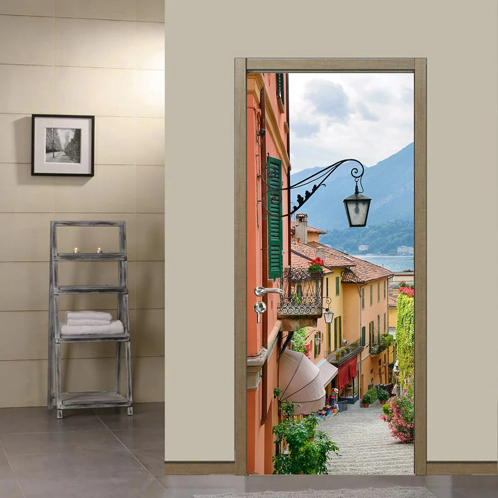 Medieval Stone Hutongs DIY Door Wall Sticker Home Decor Living Room Children Room Bedroom Art Mural Self-adhesive PVC Wallpaper