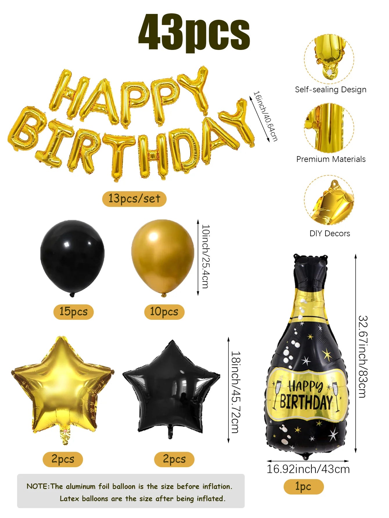 43pcs black and gold "Happy Birthday" letter balloon set, suitable for birthday party decorations, anniversary parties