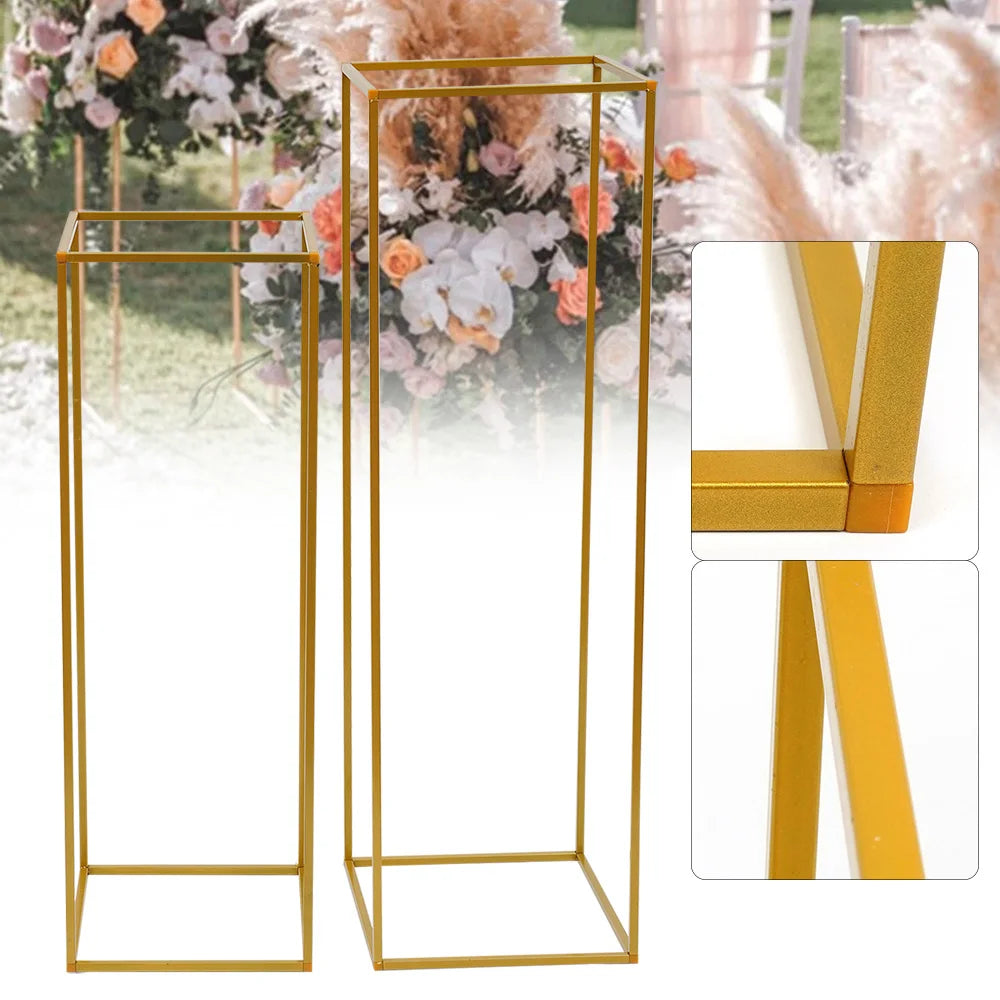 2Pcs Tabletop Flower Stands Metal Square Floral Decor Vase Floor Column Holder Gold Display Rack Road Guide for Wedding Party