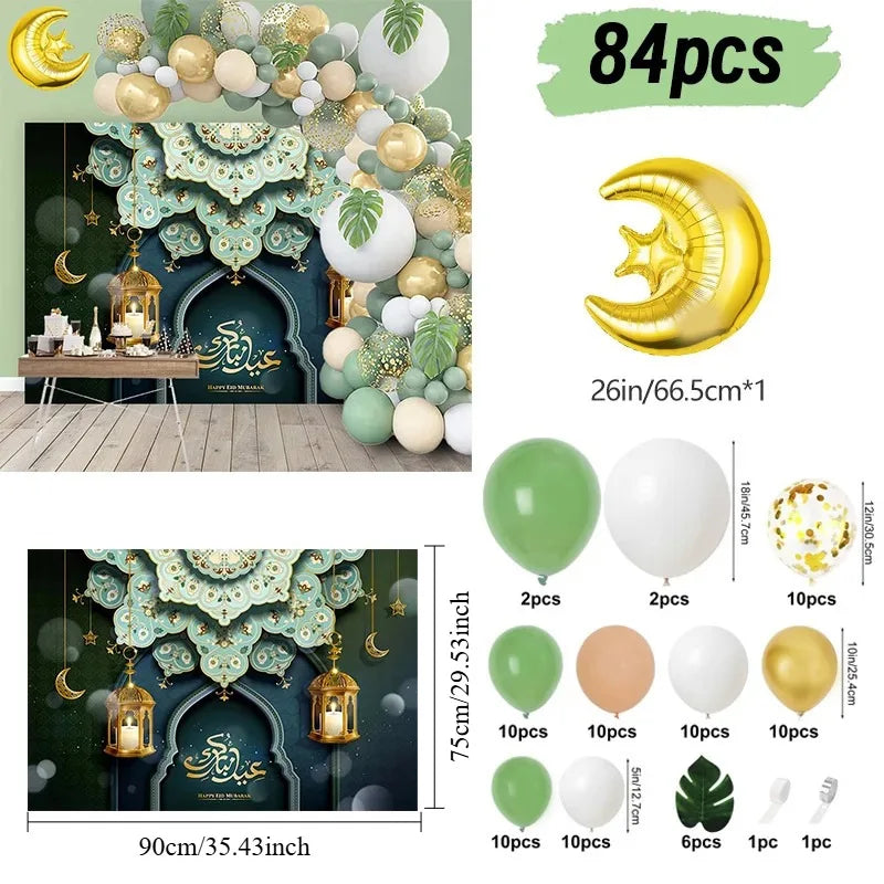 84pcs Eid Mubarak Green Gold Balloon Garland Arch Ramadan Kareem Decorations Home 2026 Aid Moubarak Islamic Festival Party Decor