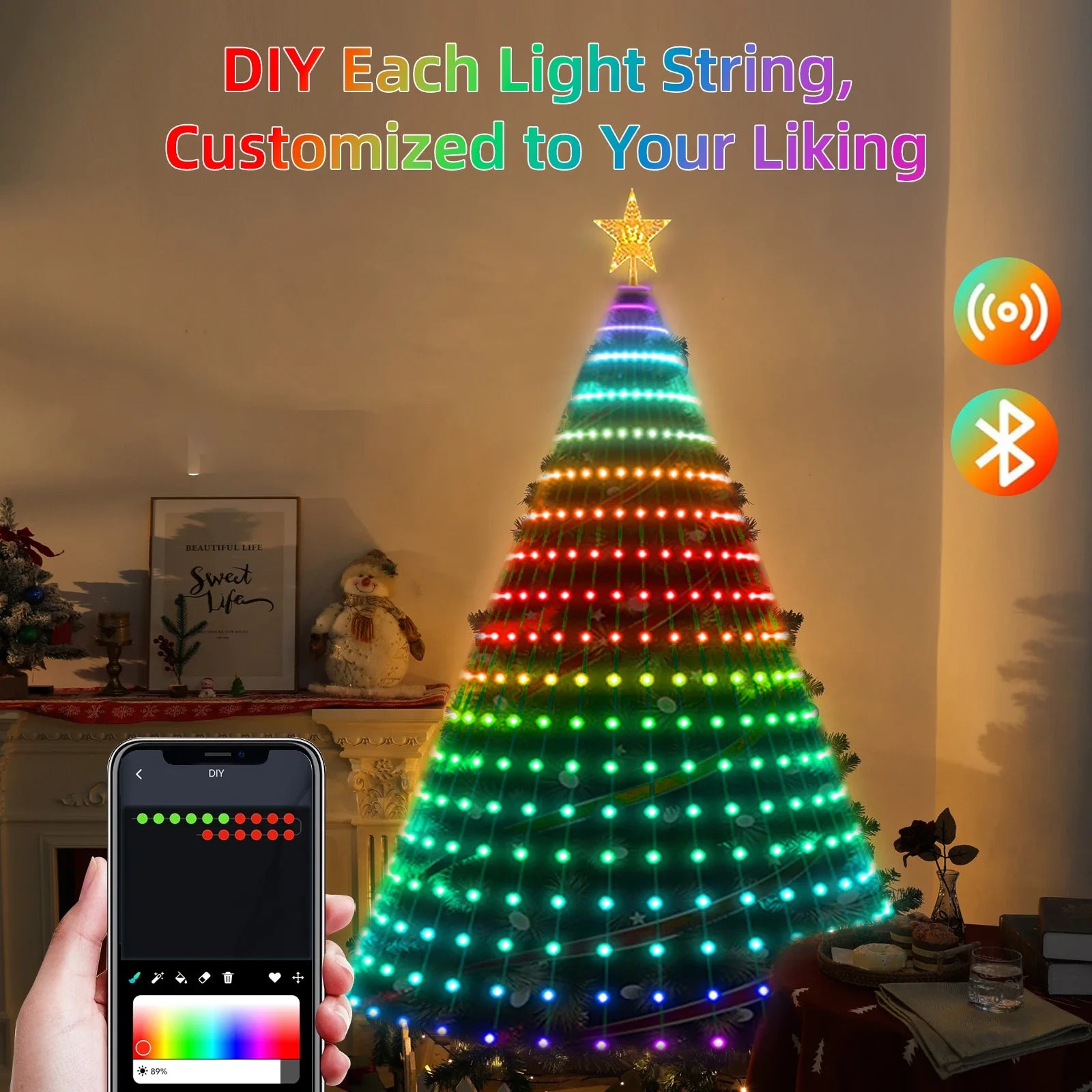Christmas Tree Lights String 16 Lines Fairy Garland Light Strip Indoor Outdoor Xmas Tree Wedding New Year Holiday Decorations