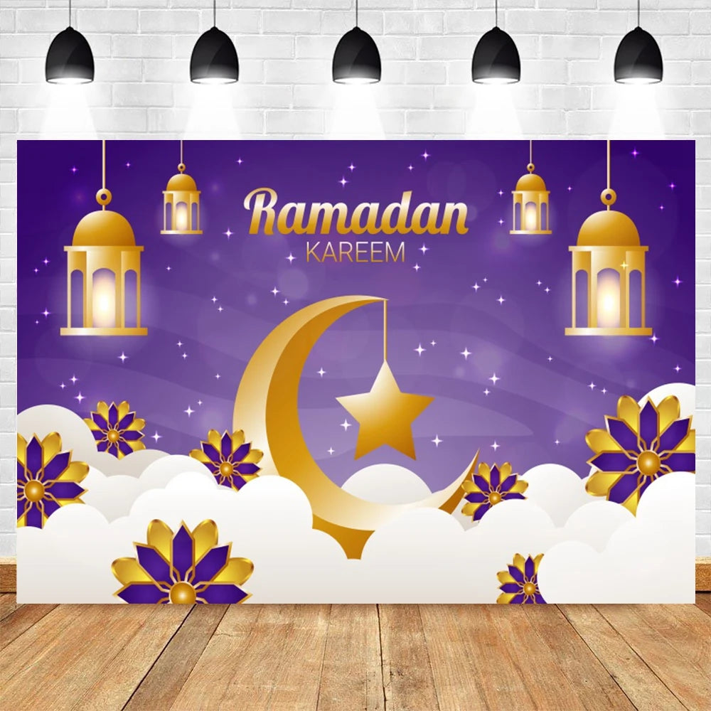 Ramadan Kareem Photography Backdrop EID Mubarak Islamic Mosque Lamps Moon Star White Cloud Photo Background Studio Poster Decor