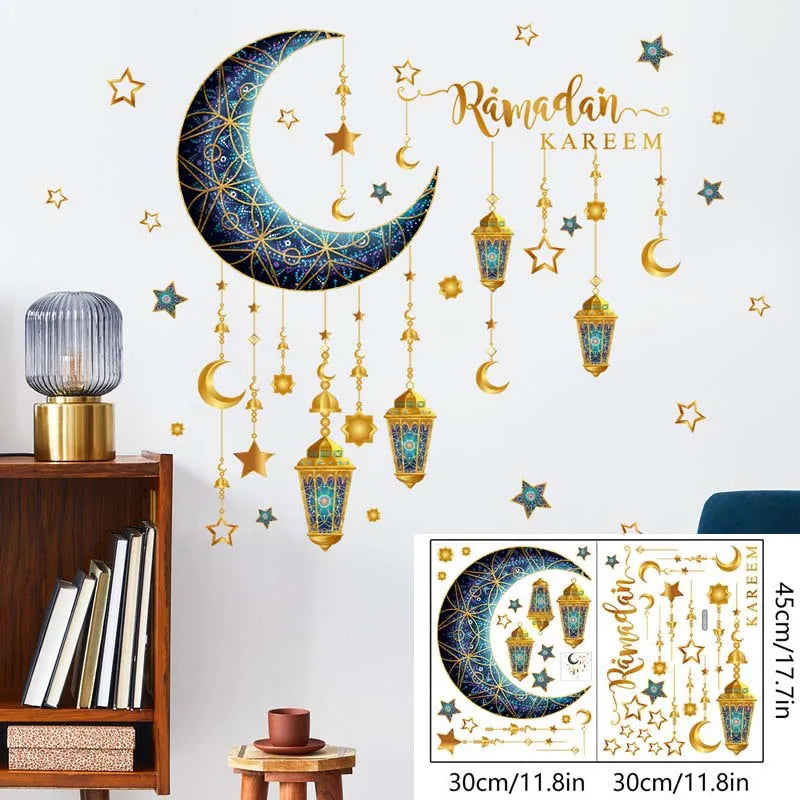 Ramadan Kareem Wall Stickers Moon Star Lantern Wall Decal 2024 Eid Mubarak Decorations for Home Muslim Islamic Party Decorations