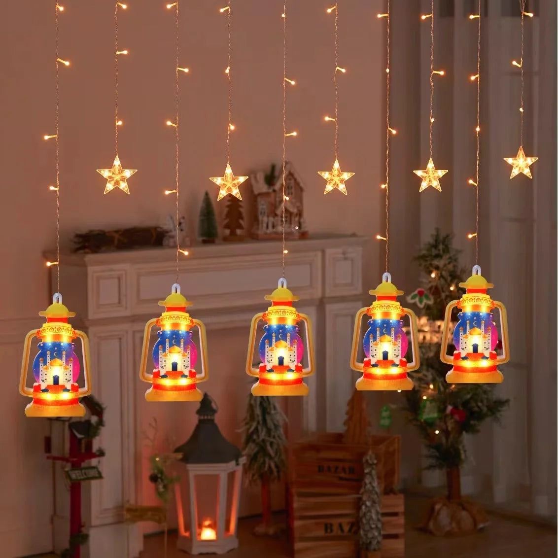 2026 Eid Al-Fitr Mubarak LED String Lights Moon Stars Curtain String Lights Islamic Ramadan Kareem Decoration for Home Garden