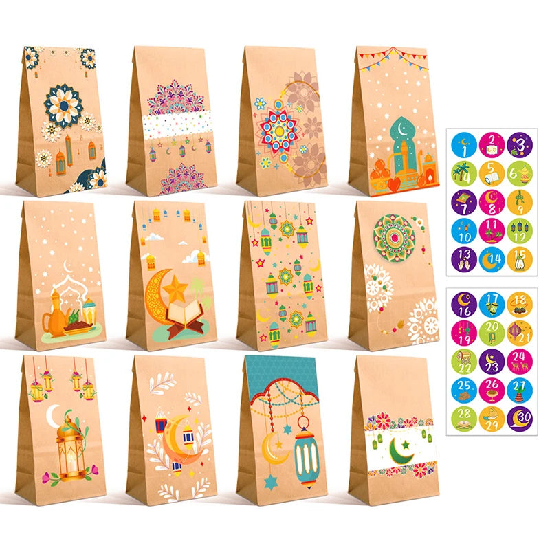 12/24Pcs Ramadan Party Decoration Eid Mubarak Gifts Bag with Stickers Gift Packaging Bags 2026 Islamic Muslim Party Supplies