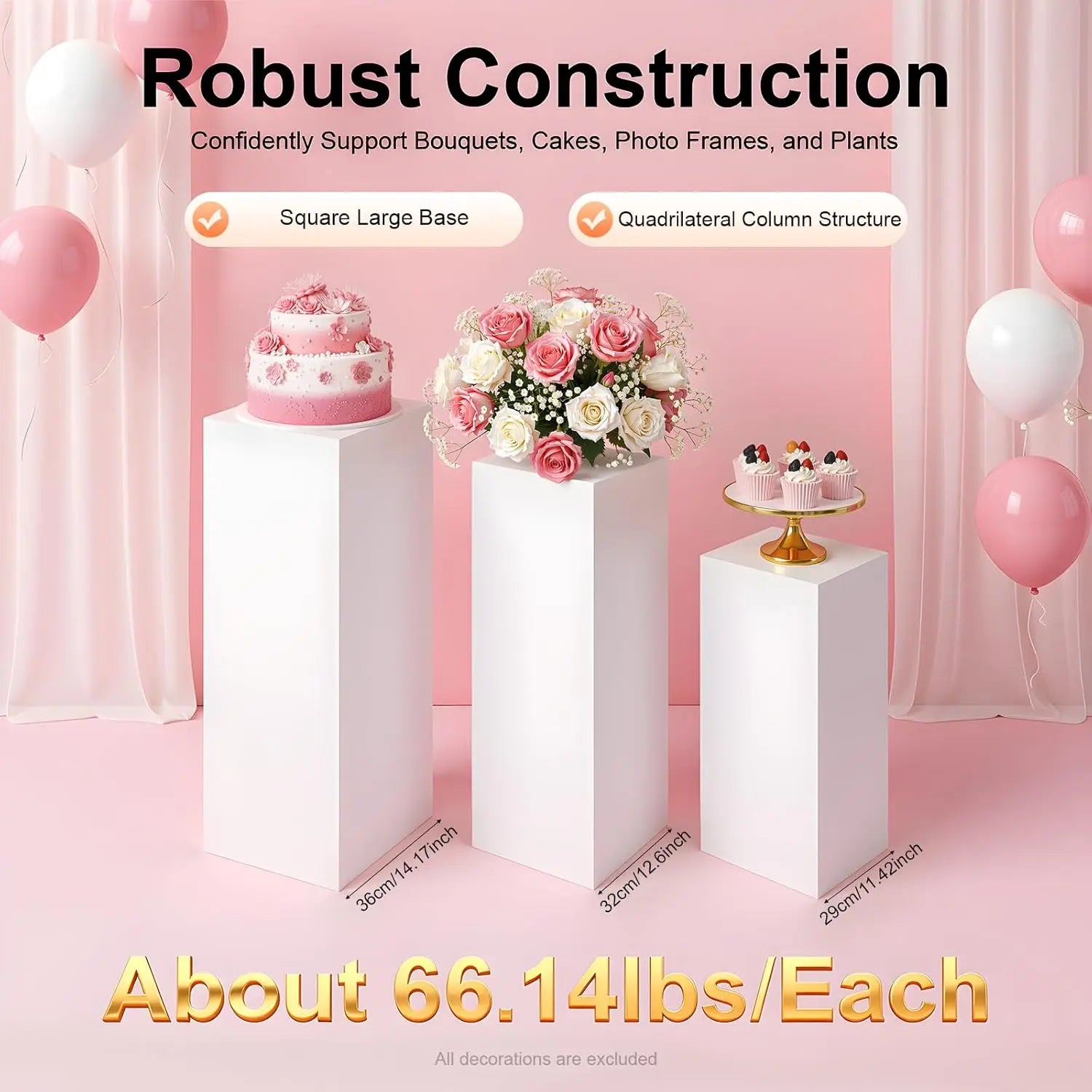 3PCS Square Pedestal Stand White Display Stands Pillars for Wedding, Metal Plinths Dessert Table Display Column Decoration