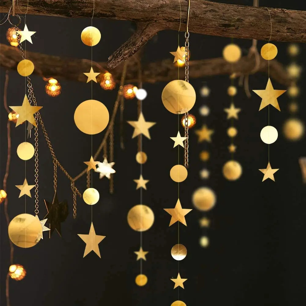Gold EID Party Decorations Happy Birthday Banners Circle Twinkle Star Garland Metallic Tinsel Banners Hanging Streamer Backdrop