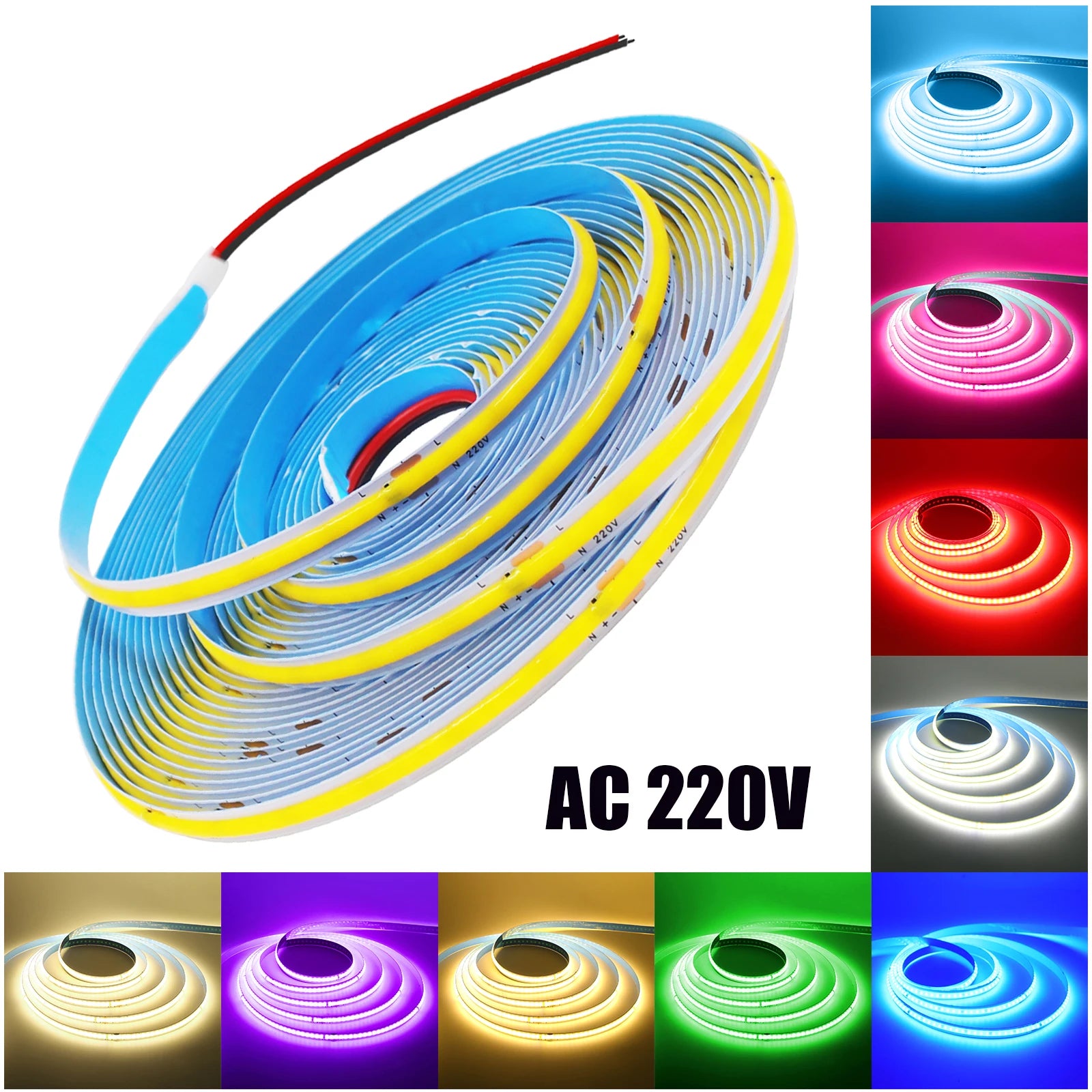 AC 220V COB Strip 240Leds/M 5M 10M 20M 50M/Roll Red/Green/Ice Blue/Pink/White/Purple Flexible Ribbon LED Light For Home Decor