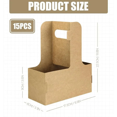 15 Count 2-Cup Disposable Drink Carrier - Brown Kraft Paperboard Holder w/Handle for Hot/Cold Drinks, Coffee, Food Delivery