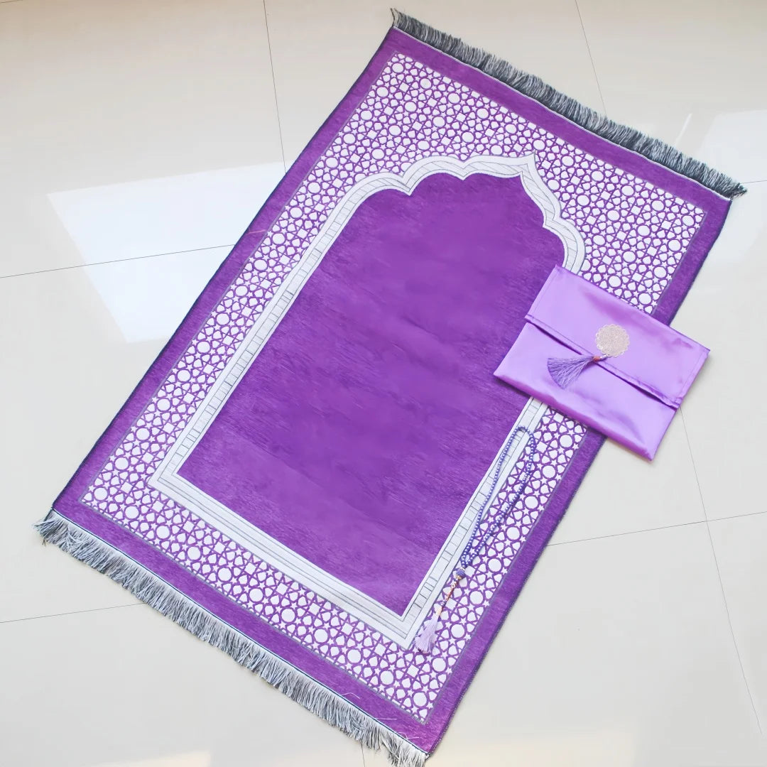 Muslim Prayer Rug and Prayer Beads with Bag Janamaz Soft Sajadah Islamic Gifts Set Portable Prayers Carpet Mat Taffeta Fabric