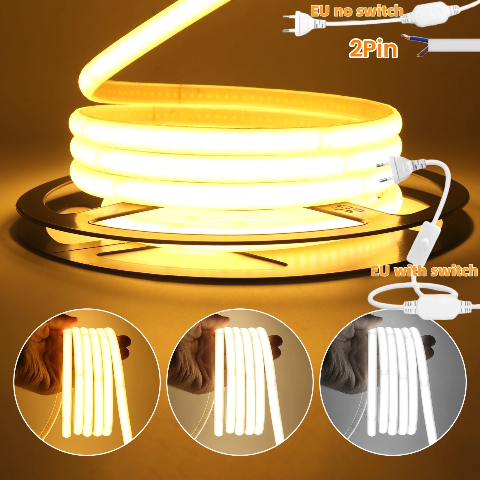 IP65 COB Self-adhesive Tape LED Neon Light Strips AC 230V RA90 Waterproof Outdoor Garden FOB Ribbon Lamp 2Pin Wire/EU Power Plug