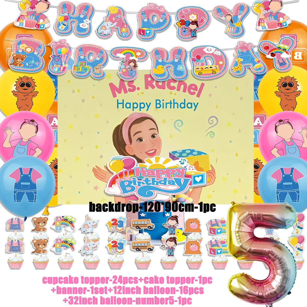 Cartoon English Teacher Theme Child Birthday Party Decor Ms&Racheled Balloon Banner Backdrops Cupcake Toppers for Kids Gifts