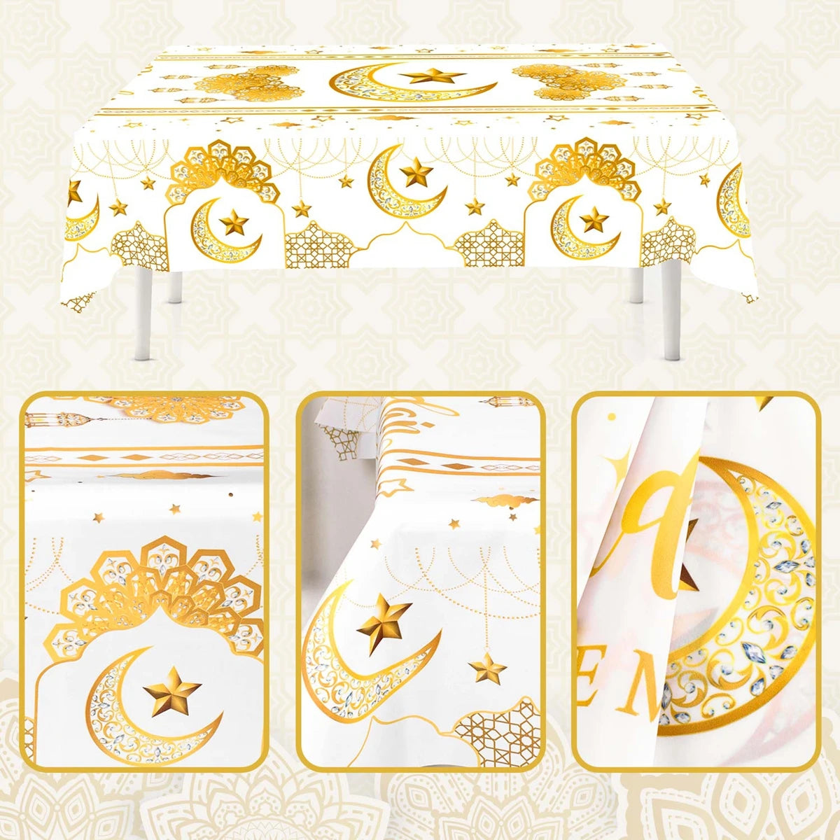 Ramadan Kareem Table Cover White Gold Ramadan Decor 2026 For Home Tablecloth Islamic Muslim Party Supplies Eid Al-Fitr Gift