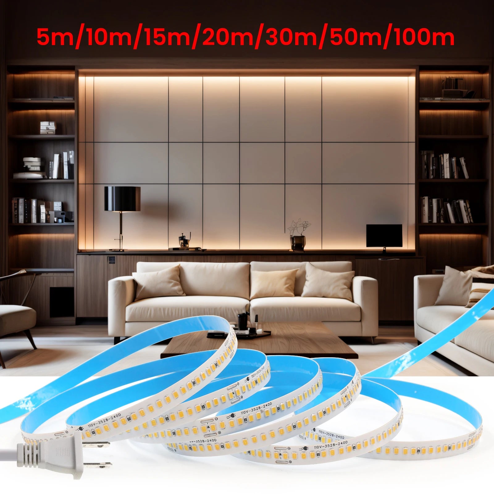 110V 220V LED Strip 2835 240LEDs/M Flexible 10CM Cuttable 5m 10m 15m 20m Soft Light Bar IP44 Waterproof Adhesive Tape Lamp