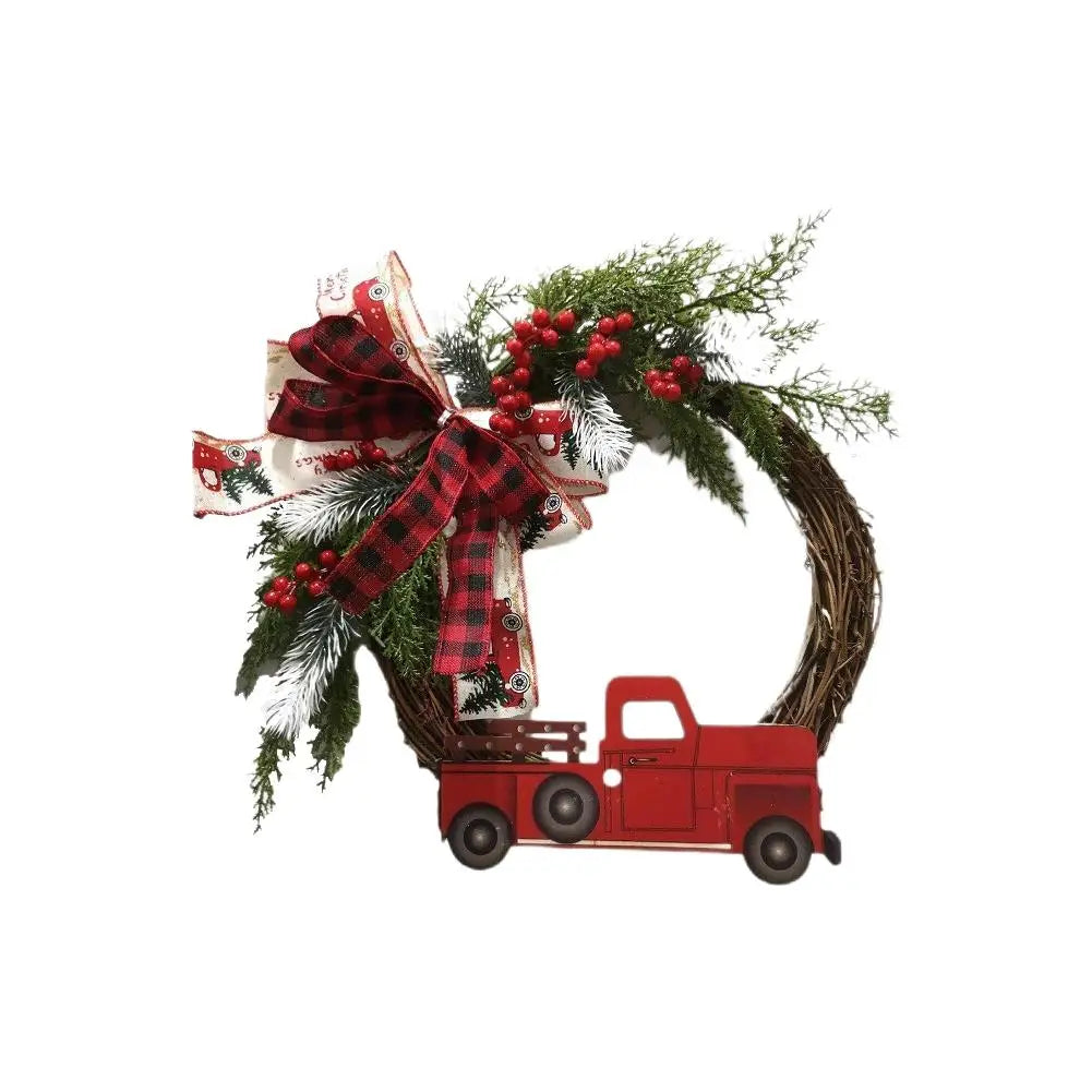 1pcs Farmhouse Christmas Wreath 35x43cm Red Truck Straw Decor Door Hanger For Home Indoor Outdoor Holiday Christmas Decoration