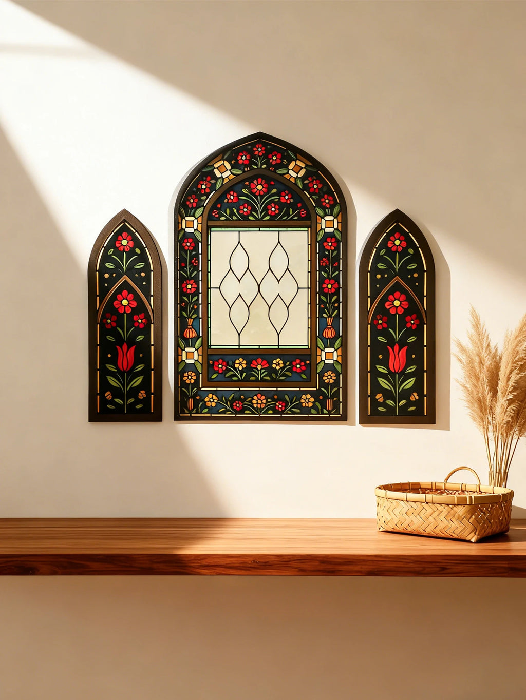 3pcs Islamic Arch Window Style Wall Hanging Floral Pattern Decor Wall Stickers for Ramadan & Eid Home Decor Muslim Festival Gift