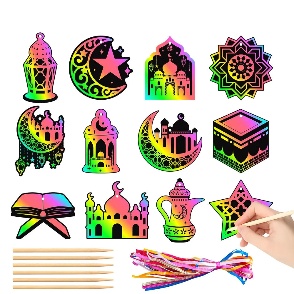 EID MUBARAK Scratch Painting DIY Scratch Card Moon Ornaments Xmas Tree Hanging Pendant EID MUBARAK Ramadan Decor