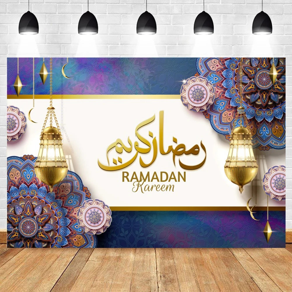 Ramadan Kareem Backdrop Eid Mubarak Party Lantern Flower Moon Islamic Family Party Photography Background Decor Banner Poster