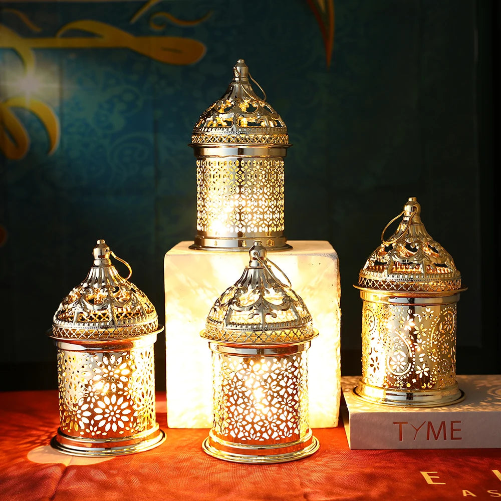 Gold Metal Lantern Lights Fancy Dome Ramadan Decoration Lamp With Music Eid Mubarak Home Decors Islamic Muslim Gifts Eid al-Fitr