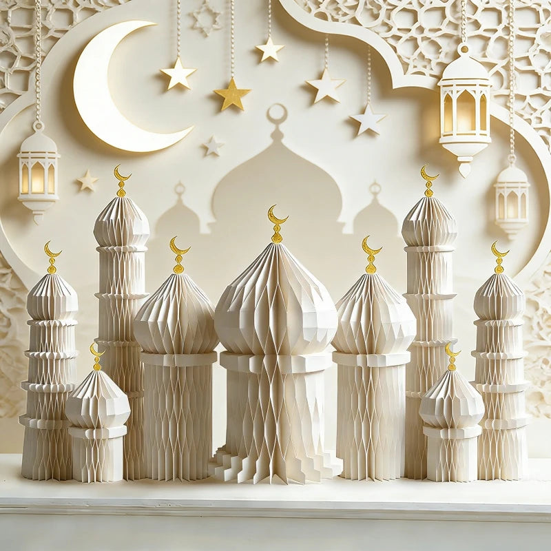 3D Honeycomb Paper Art Palace Set Ramadan Festival Party Decoration Muslim Islamic Eid Al-Fitr Desktop Ornaments Crafts Foldable