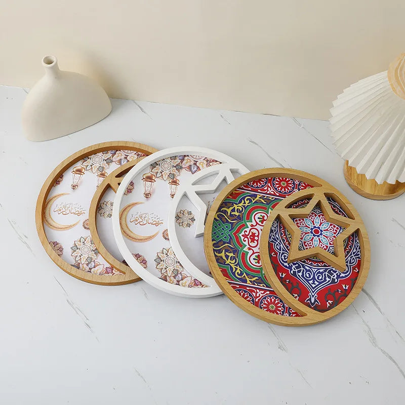1pc EID Mubarak Wooden Ornaments Decor Star And Moon Tray Ramadan Decoration Home Islamic Muslim Party Decor Party Supply