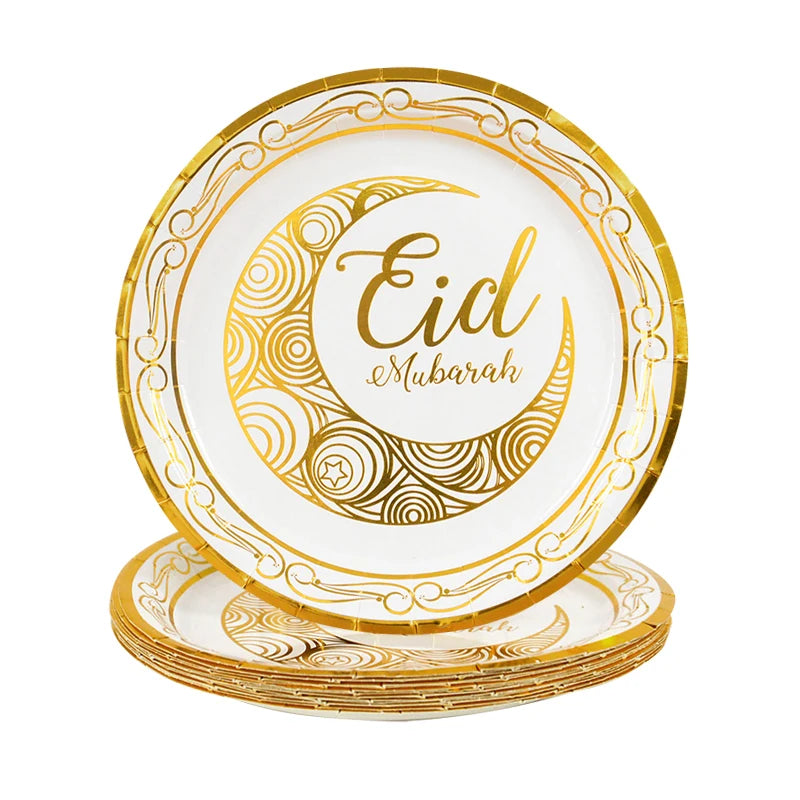 Eid Mubarak Party Tableware Set Gold Disposable Plate Cup Napkins Banner 2026 Islamic Muslim Supplies Ramadan Kareem Decorations