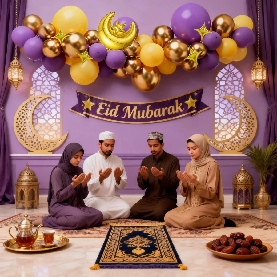 113Pcs Eid Mubarak Balloon Decoration Set Purple Yellow Gold Balloon Arch Kit with Moon Star Foil Balloons for Ramadan Eid Party