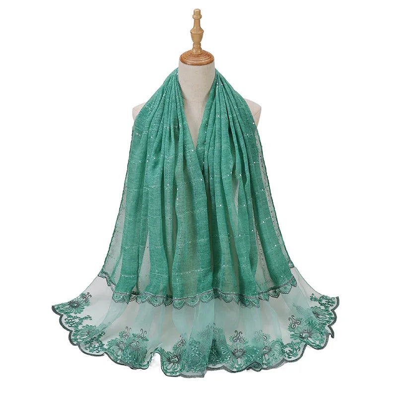 New Designers Lace Scarf Women Luxury Hijabs for Woman Bandana Shawl Veil Comfort Wear Paillette Embroidery Scarves Wrap Hijabs