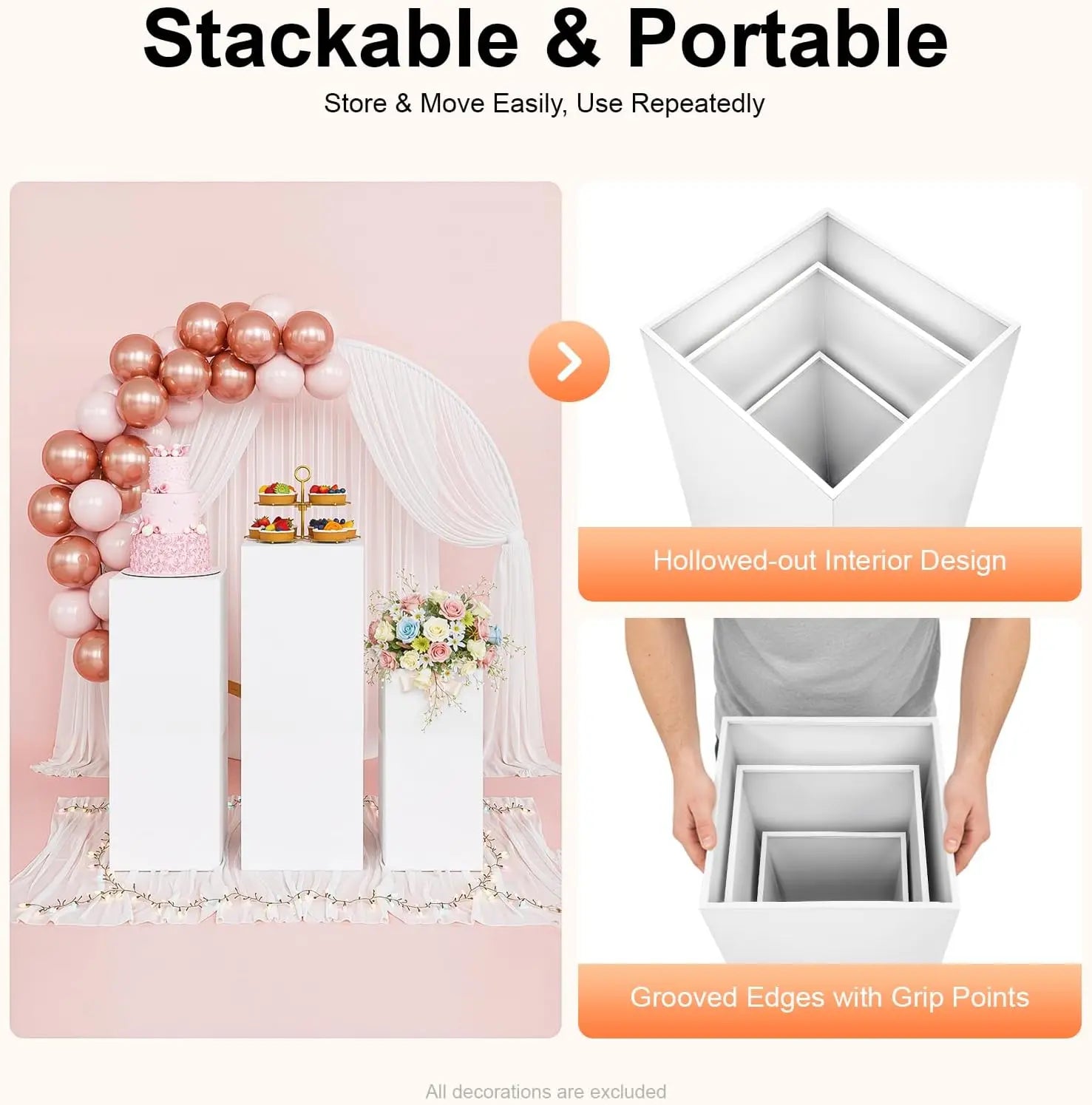 3PCS Square Pedestal Stand White Display Stands Pillars for Wedding, Metal Plinths Dessert Table Display Column Decoration