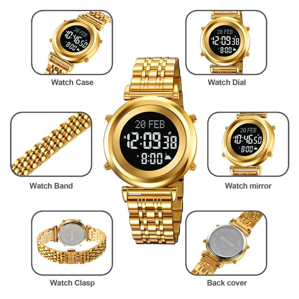 Muslim Azan Digital Watch Mens Back Light Waterproof Steel Hijri Islamic Wristwatch Prayer Qibla Compass Alarm Clock