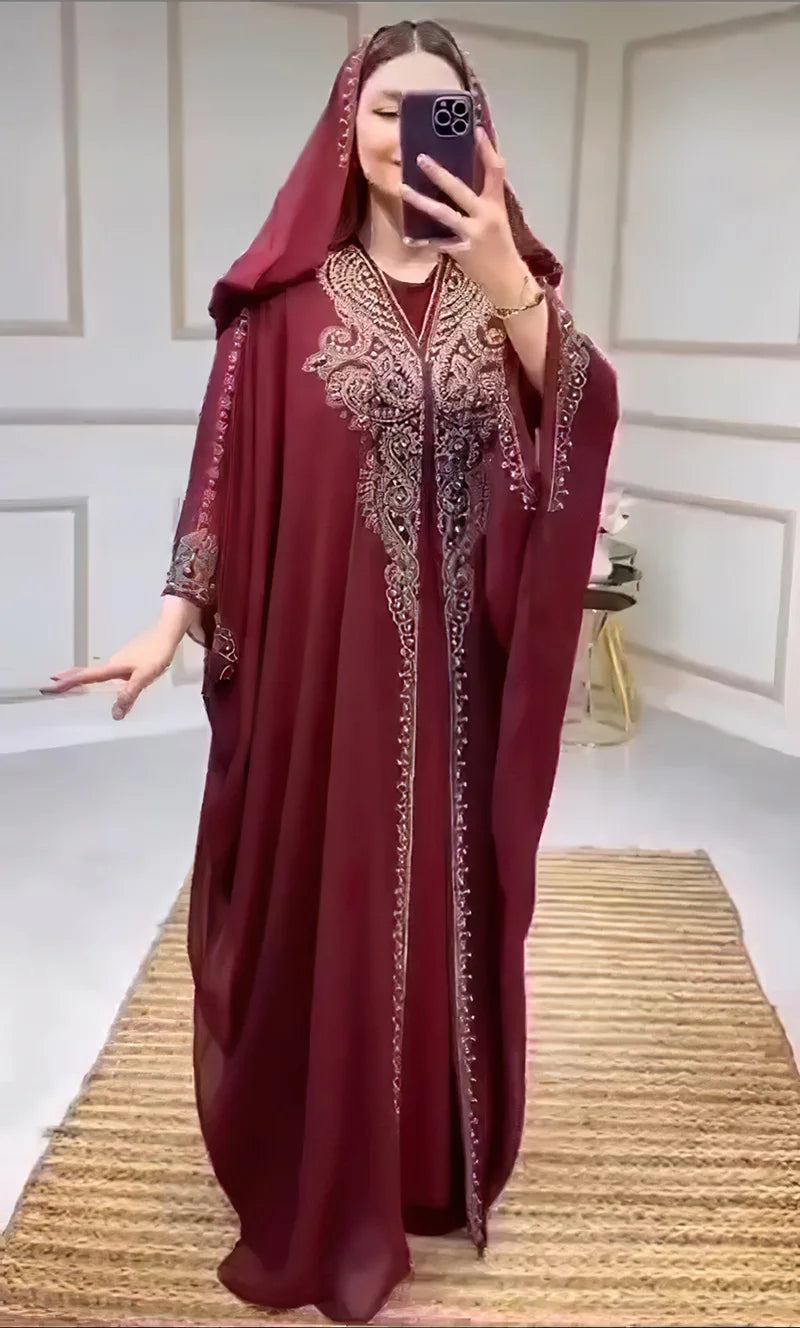 Eid Muslim Dress for Women – Hooded 2-Piece Diamond Jalabiya Kaftan