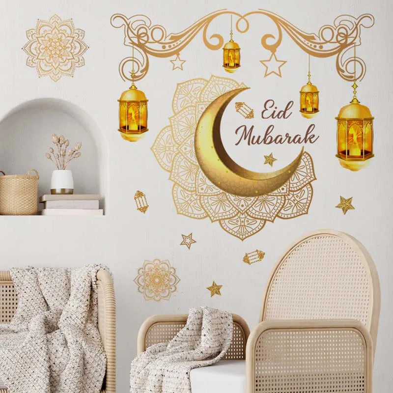 Ramadan Kareem Wall Stickers Moon Star Lantern Wall Decal 2024 Eid Mubarak Decorations for Home Muslim Islamic Party Decorations
