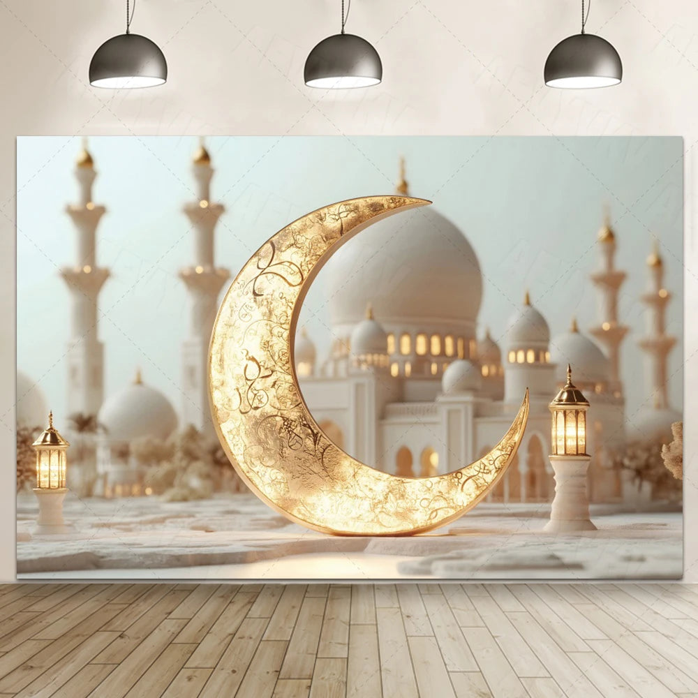Ramadan Eid Mosque Photo Booth Backdrop Customizable Islamic Party Decoration Green Gold Banner Photography Studio Background