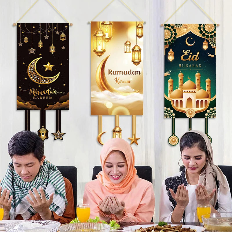 Eid Mubarak Decorations Ramadan Kareem Hanging Door Sign Ramadan Hanging Flag Welcome Wall Banner Eid Al-Fitr Party Supplies