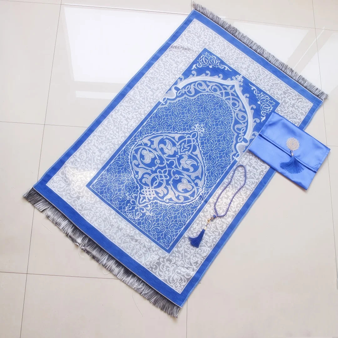 Muslim Prayer Rug and Prayer Beads with Bag Janamaz Soft Sajadah Islamic Gifts Set Portable Prayers Carpet Mat Taffeta Fabric