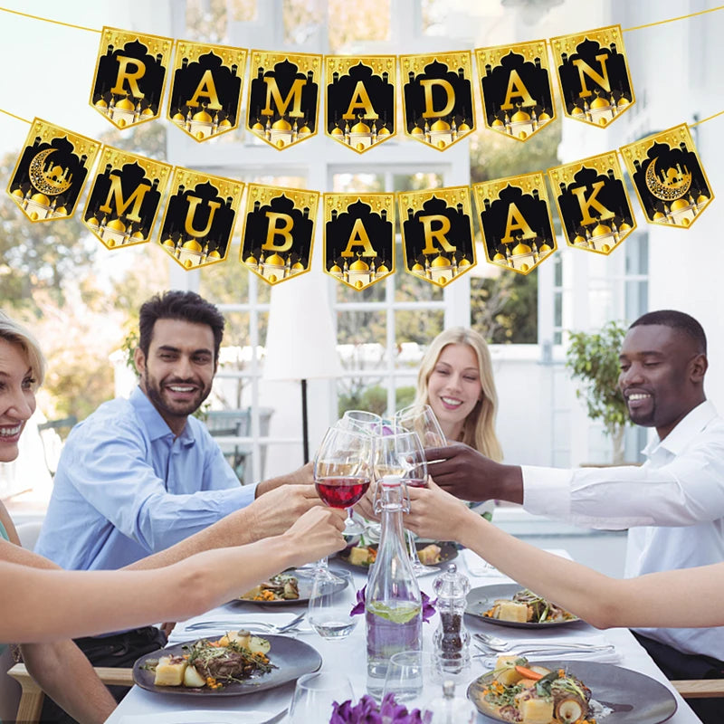 Eid Mubarak Paper Banner Garland 2026 Ramadan Moon Star Mosque Hanging Swirl Home Decoration Ornaments Islamic Muslim Party Gift