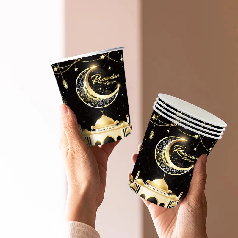 Ramadan Tableware Decorations Moon Star Party Supplies Hanging Cloth Eid Mubarak Banner Eid Plates Cups Tableware Decorations