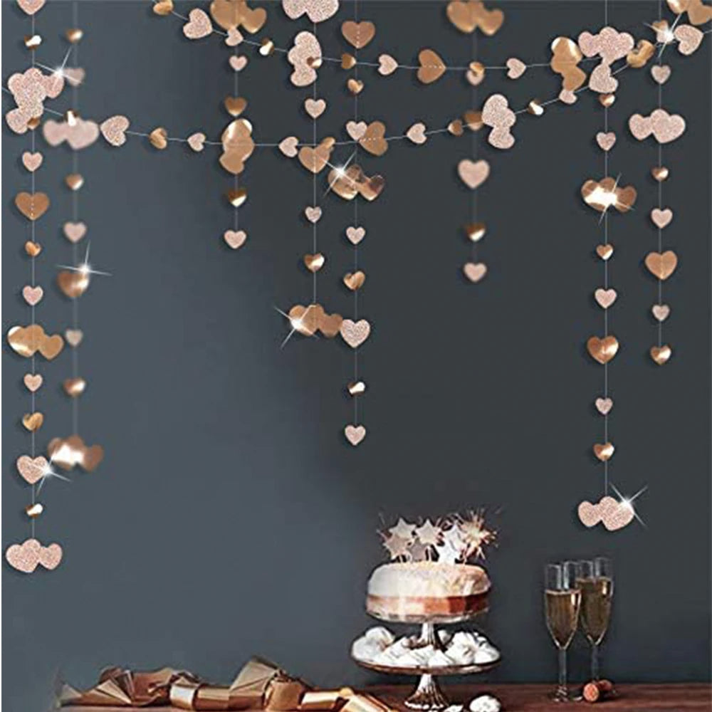 Champagne Gold Party Decorations Star Dots Garlands  Hanging Paper Heart Streamer Banner Wedding Valentine Day Party Flag Decor