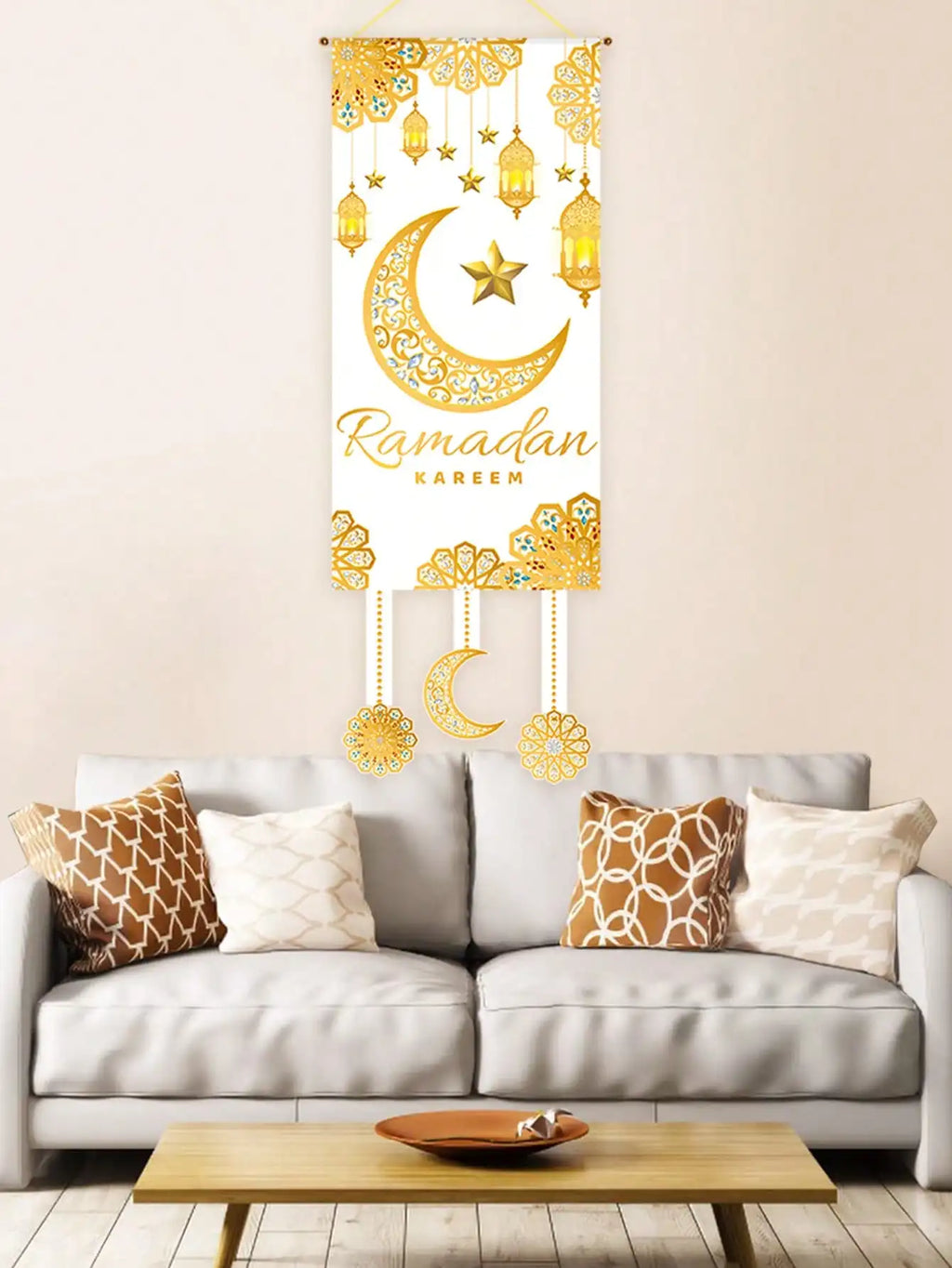 1Pc Ramadan Kareem Decorative Door Hanging Golden Star and Moon Lantern Flag Muslim Festival Party Decoration Banner Home Doorway Decorative Cloth