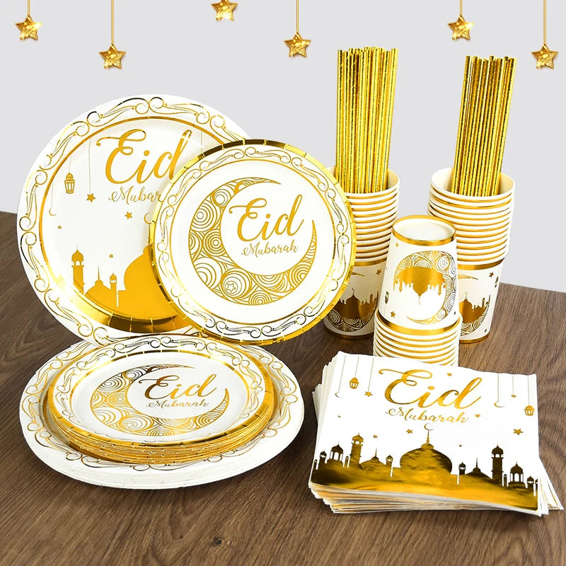 Eid Mubarak Party Tableware Set Gold Disposable Plate Cup Napkins Banner 2026 Islamic Muslim Supplies Ramadan Kareem Decorations