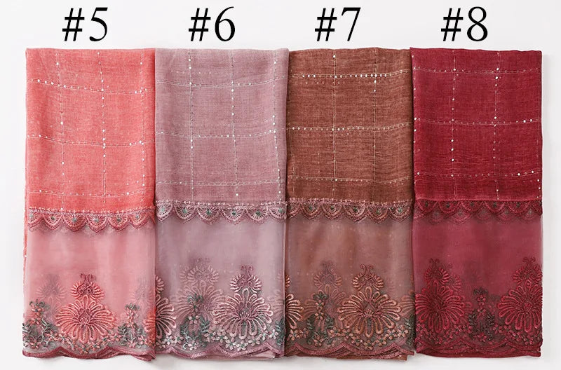 New Designers Lace Scarf Women Luxury Hijabs for Woman Bandana Shawl Veil Comfort Wear Paillette Embroidery Scarves Wrap Hijabs