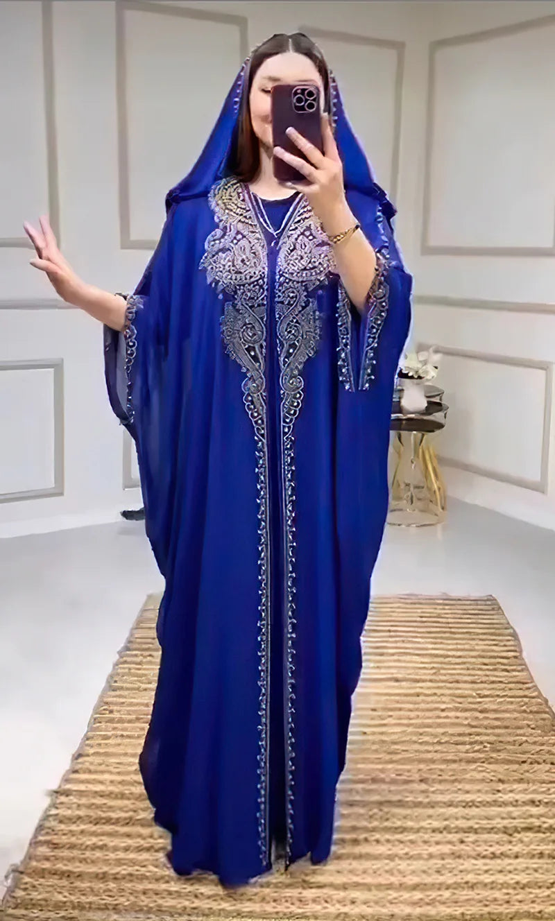 Eid Muslim Dress for Women – Hooded 2-Piece Diamond Jalabiya Kaftan