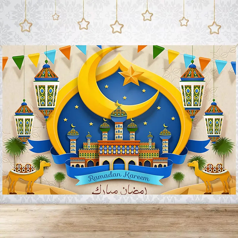 Happy EID Ramadan Festivals Mosque Moon Lantern Mubarak Poster Party Decoration Banner Photo Background Photography Prop Supply