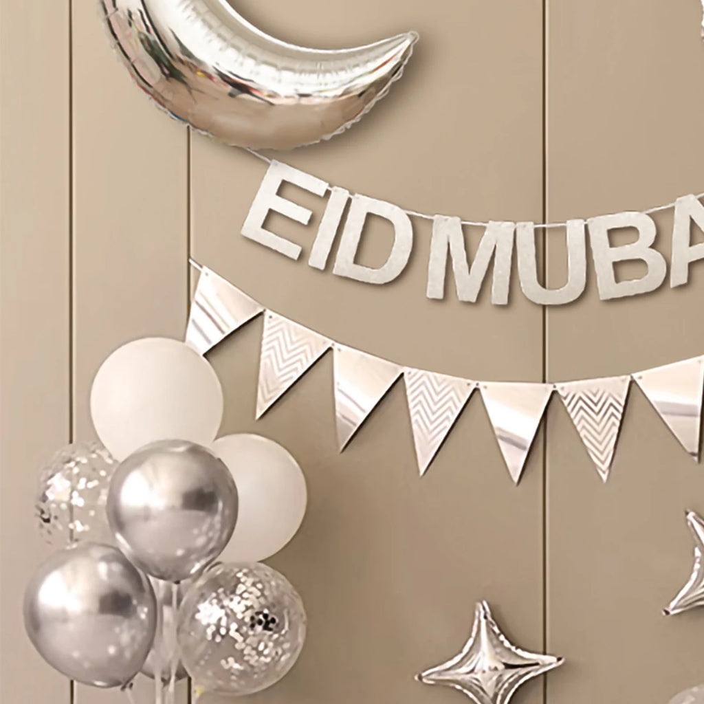 Ramadan Eid Mubarak Moon Stars Gold Silver Balloon Set Party Decoration Set up 1 Set 35 Pieces