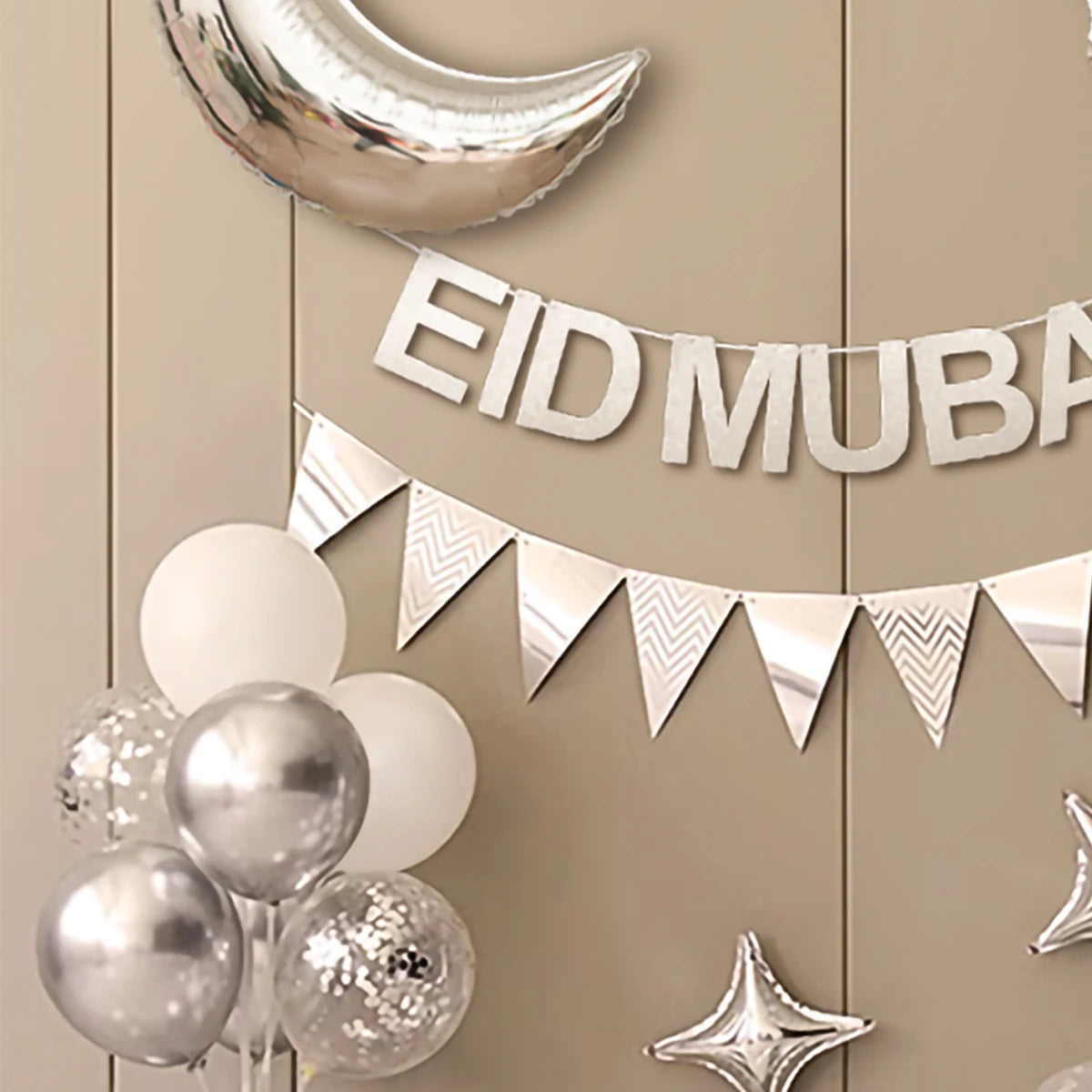 Ramadan Eid Mubarak Moon Stars Gold Silver Balloon Set Party Decoration Set up 1 Set 35 Pieces