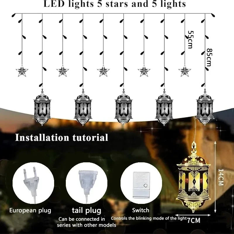 Moon and Star LED Curtain Lights  USB Powered Fairy Lights with 8 Modes and Timer Ramadan Bedroom and Party Decoration